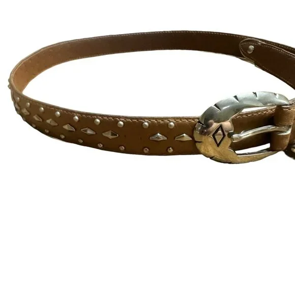 Vtg Jana Western Belt Brown Genuine‎ Leather Silver Studded Waist Size 31"-35" - Picture 2 of 9